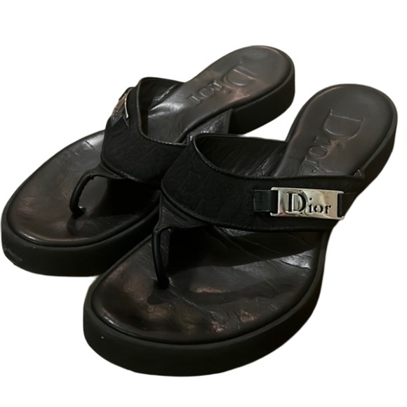 Dior Black Designer Logo Canvas Flip Flop Sandals - Picture 5 of 9